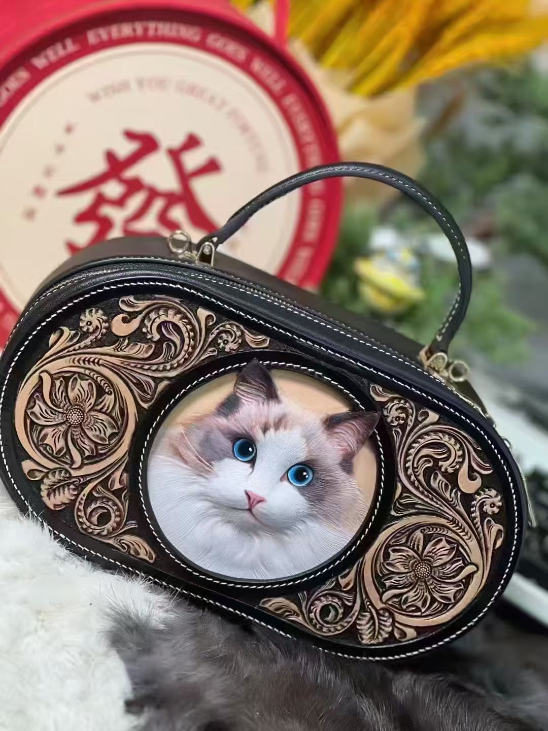 Mini Handbag — custom leather artwork by Elena Pawtraits