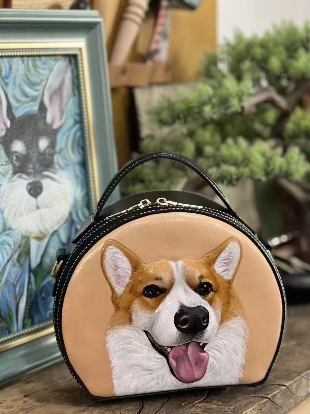 Top Handle Bag — custom leather artwork by Elena Pawtraits