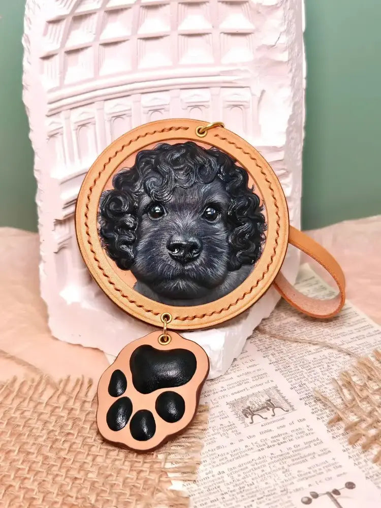 Completed hand-carved leather pet portrait