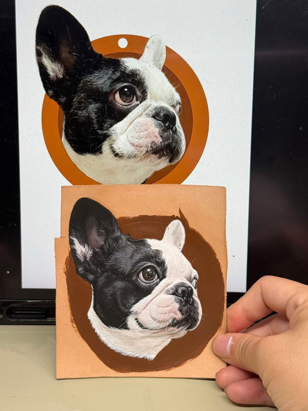 Boston Terrier reference photo beside its hand-painted leather portrait