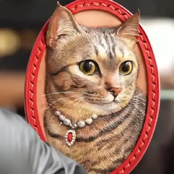 Finished hand-carved leather portrait of a tabby cat