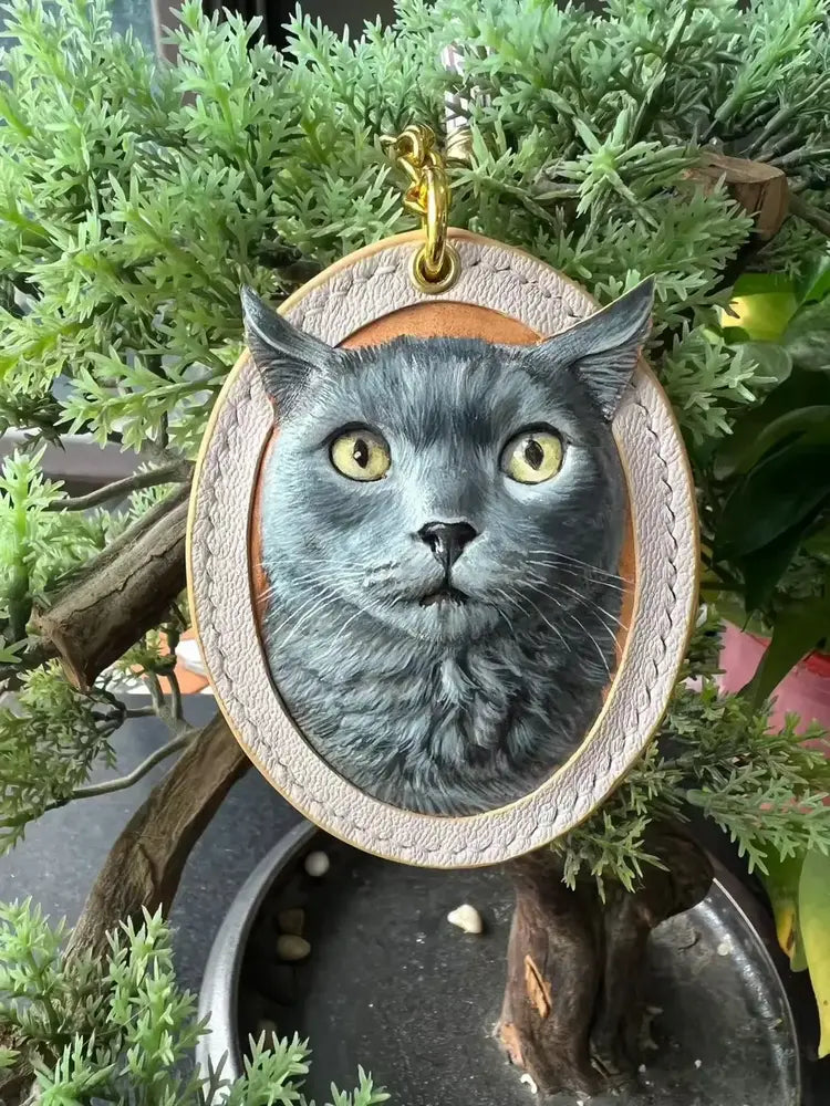 Completed hand-carved leather pet portrait