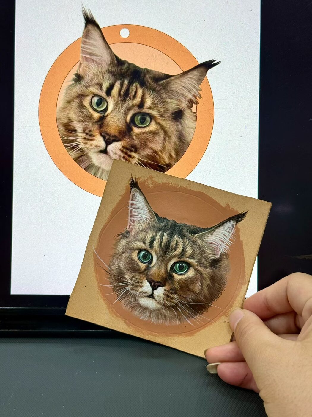 Maine Coon reference photo beside its detailed leather portrait