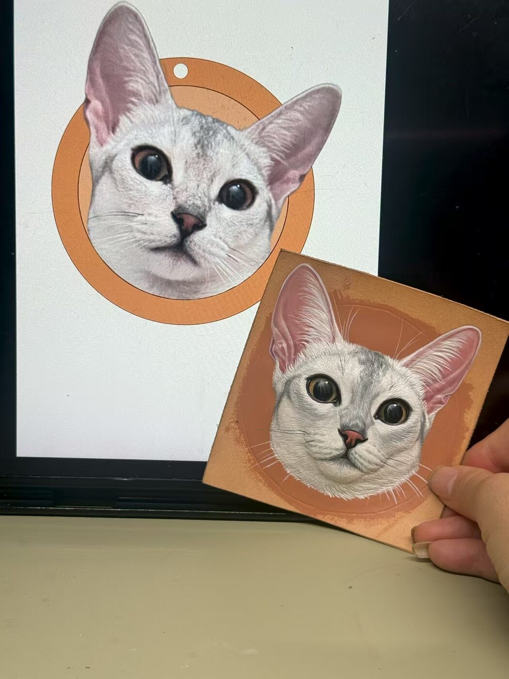 White cat reference photo beside its hand-painted leather portrait